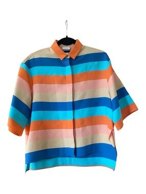 Akris Punto Silk Blend Striped Boxy Blouse Top Multicolor Short Sleeve M